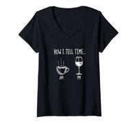 Donna How I Tell Time Caffè o Vino Design Divertente Maglietta con Collo a V