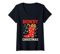 Donna Howdy Christmas - Stivale da Cowboy in Stile Western, Maglietta con Collo a V