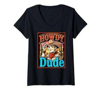 Donna Howdy Dude Sud Ovest Cowboy Maglietta con Collo a V