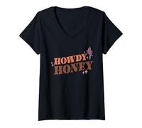 Donna Howdy Honey, Design retrò con Grafica Western a Forma di Cactus Maglietta con Collo a V