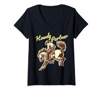 Donna Howdy Partner Cowboy Rodeo Cavallo Vintage Country Western Maglietta con Collo a V