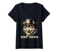 Donna Howdy Partner Wolf Cowboy Cowgirl Wolves Maglietta con Collo a V