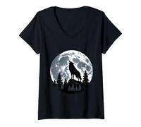 Donna Howling Wolf Full Moon Moon Litlit Lones Night Forest Maglietta con Collo a V