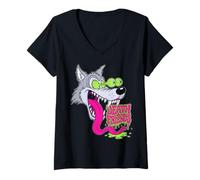 Donna Howling Wolf Retro Biker Lowbrow Wolves Rockabilly 50s Maglietta con Collo a V