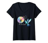 Donna Hummingbird Floral Dandelion Be Kind Art Flower Humming Bird Maglietta con Collo a V