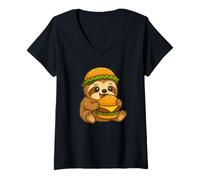 Donna Hungry Bradipo Cartone animato Mangiare Hamburger Maglietta con Collo a V