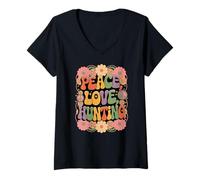 Donna Hunter 60s 70s Hippie Retro Peace Love Caccia Maglietta con Collo a V