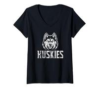 Donna Huskies Mascot 2 per Giocatori e Tifosi Stampa invecchiata Maglietta con Collo a V