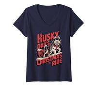 Donna Husky Dad's Christmas Ride Funny Holiday Dog Maglietta con Collo a V