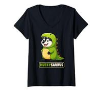 Donna Husky Dinosaur Costume Trex Huskysaurus amante degli animali mamma papà Maglietta con Collo a V