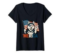 Donna Husky Merica Bandiera americana 4 luglio amante dei cani Maglietta con Collo a V