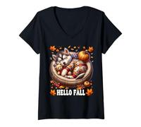 Donna Husky Owner Must Haves Hello Fall Decor for Husky Lover Maglietta con Collo a V