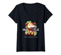 Donna Hustle More Teddybear Money Vibes per Gli imprenditori Maglietta con Collo a V