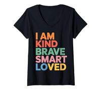 Donna I Am Kind Brave Smart Loved Edificante Motivazionale - Maglietta con Collo a V