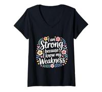 Donna I Am Strong Because I Know My Weakness Forza - Maglietta con Collo a V