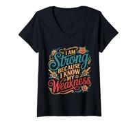 Donna I Am Strong Because I Know My Weakness Forza - Maglietta con Collo a V