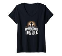 Donna I Am The Resurrection Giovanni 11:25 Versetto della Bibbia Cristiana Maglietta con Collo a V