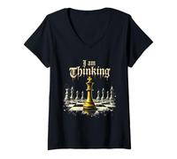Donna I am Thinking Scacchi Pezzi Vintage Scacchi Giocatore Amante Maglietta con Collo a V
