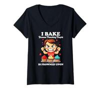 Donna I BAKE BECAUSE PUNCHING PEOPLE IS FROWNED UPON Maglietta con Collo a V