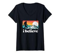 Donna I Believe! Funny Retro Bigfoot Mountains Maglietta con Collo a V