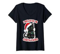 Donna I Believe in Santa Paws - Cappello Natalizio con Gatto Nero Maglietta con Collo a V
