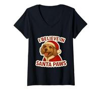 Donna I Believe in Santa Paws Löwchen Cane Mamma papà Proprietario Natale Maglietta con Collo a V