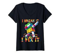 Donna I Break It I Fix It Funny Blocks Bricks Toy Master Builder Maglietta con Collo a V