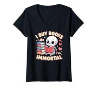 Donna I Buy Books Like I'm Immortal Kawaii Style Skeleton Book Maglietta con Collo a V