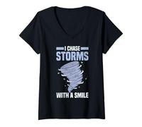 Donna I Chase Storms Con Un Sorriso Tempesta Chasing Divertimento Maglietta con Collo a V