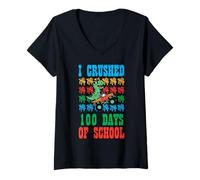 Donna I Crushed 100 Days of School Dino Skateboard 100th Day Kids Maglietta con Collo a V