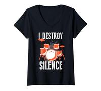 Donna I Destroy Silence - Batteria Musicista Music Band Rock N Roll Maglietta con Collo a V
