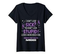 Donna I Don't Look- Nastro per la consapevolezza di Crohns e colite Maglietta con Collo a V