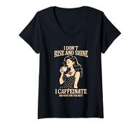 Donna I Dont Rise And Shine Retro Anni '50 Pinup Coffee Lover Maglietta con Collo a V