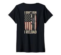 Donna I Don't Run I Reload Funny Gun Funny Flag Vintage (ON BACK) Maglietta con Collo a V