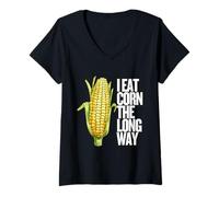 Donna I Eat Corn The Long Way - Funny Inappropriate Tee Maglietta con Collo a V