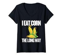 Donna I Eat Corn The Long Way - Funny Inappropriate Tee Maglietta con Collo a V