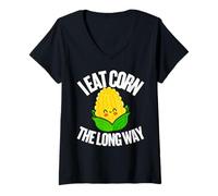 Donna I Eat Corn The Long Way - Funny Inappropriate Tee Maglietta con Collo a V