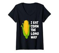 Donna I Eat Corn The Long Way - Funny Inappropriate Tee Maglietta con Collo a V