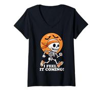Donna I Feel It's Coming Skeleton Runner Tema Halloween Maglietta con Collo a V
