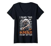 Donna I Found This Humerus I'm Not Kitten - Divertente Gatto Halloween Maglietta con Collo a V