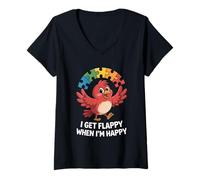 Donna I Get Flappy When I'm Happy Cute Autism Awareness Bird Maglietta con Collo a V