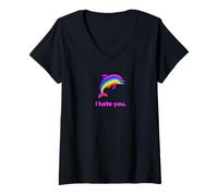 Donna I Hate You Rainbow Dolphin Divertente Maglietta con Collo a V