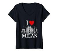 Donna I Heart Milan I Love Milan Souvenir Maglietta con Collo a V