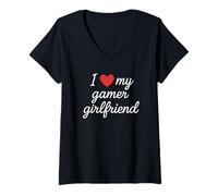 Donna I Heart My Gamer Girlfriend Carino Cursive Cuore Rosso Amore Maglietta con Collo a V