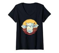 Donna I Just Like Cows Retro Striped Sunset Mucca Meme Maglietta con Collo a V