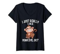 Donna I Just Really Like Monkeys Ok? Carino Scimmia Amante Bambini Ragazzi Maglietta con Collo a V