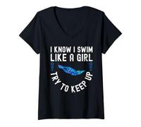 Donna I Know I Swim Like a Girl - Try to Keep Up Maglietta con Collo a V