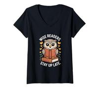 Donna I Lettori saggi restano Svegli Fino a Tardi Owl Book Lovers Maglietta con Collo a V