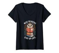 Donna I Lettori saggi restano Svegli Fino a Tardi Owl Bookworm Maglietta con Collo a V