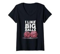 Donna I Like Big Balls Frase Divertente Uncinetto Maglietta con Collo a V